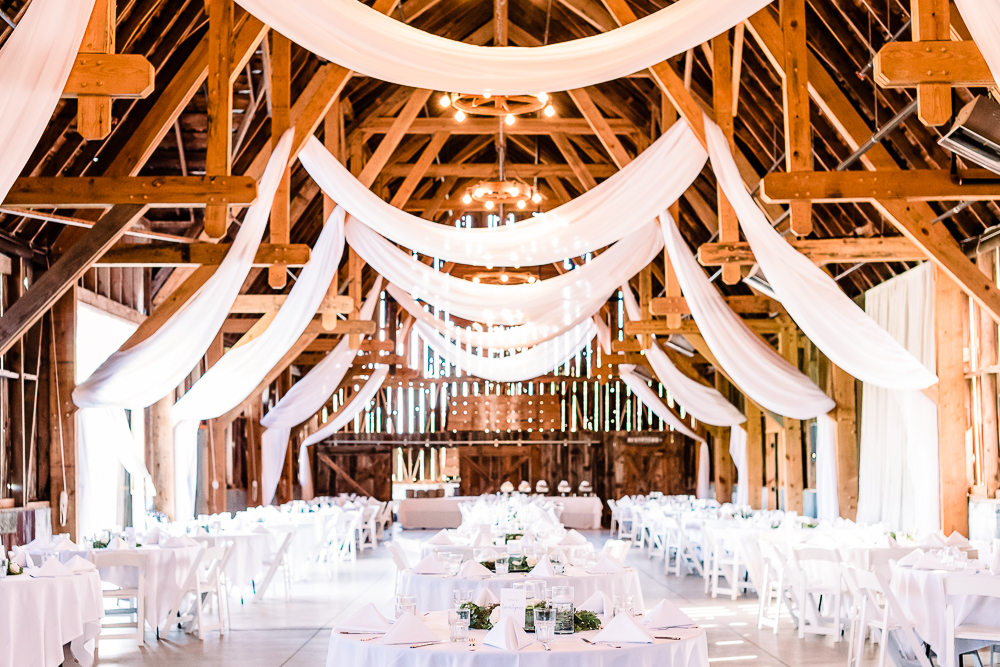 Shanahan's Barn indoor shot of reception venue with hanging white drapes  at Shanahan's Barn Stephanie Anne Photography
